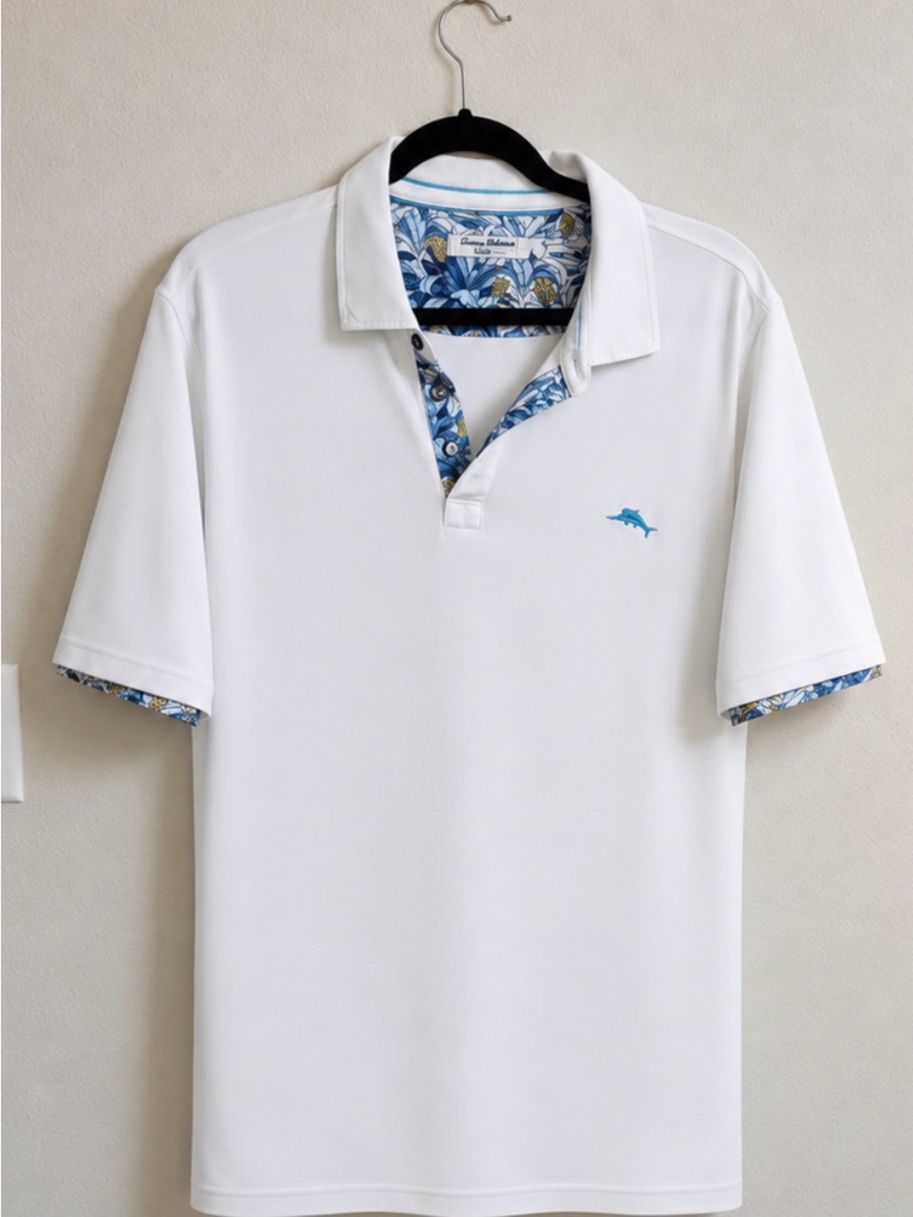 EUC Tommy Bahama White Polo with Blue Floral Trim and Dolphin Logo